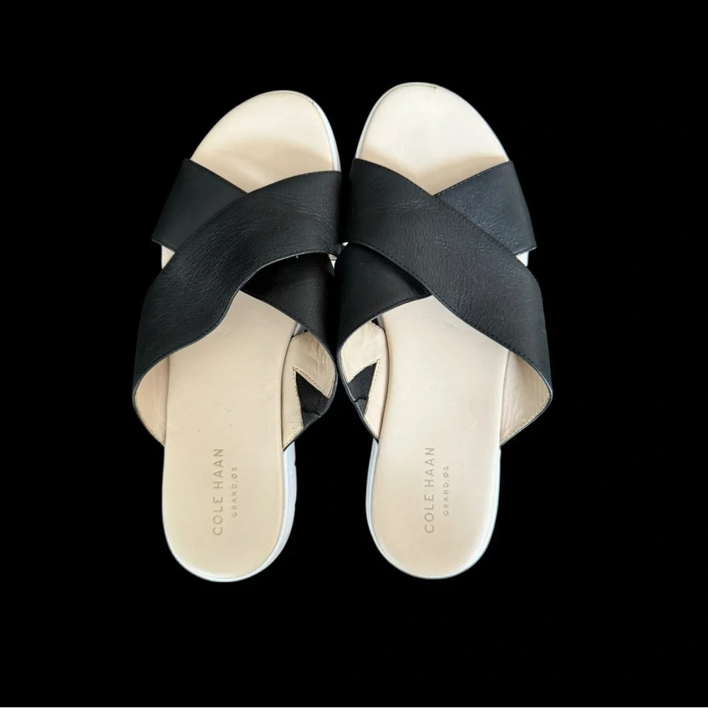 Cole Haan Women's Grand.OS Criss Cross Black Leather Slide Sandals 8.5